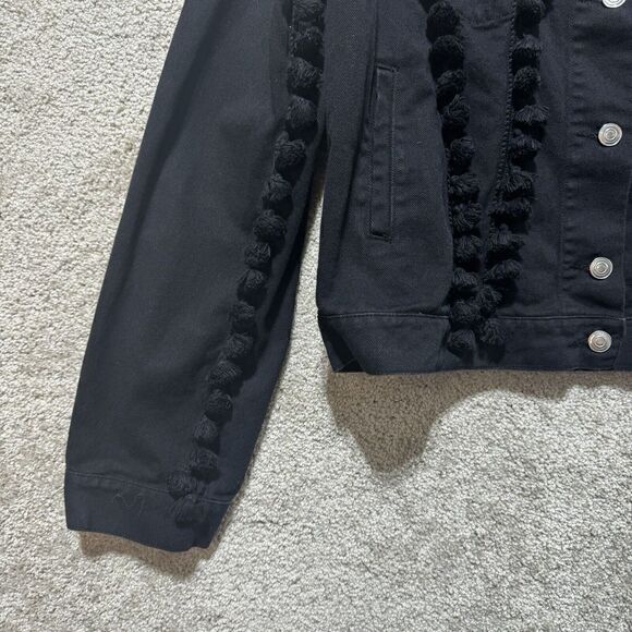 Free The Roses Denim Jean Jacket Black Pom Pom Women's Large Button Up - Picture 5 of 12